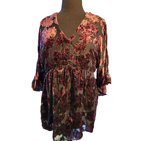 DR2 Burnout Velvet Peasant Boho Mini Dress/Top Women's Size M - Picture 1 of 4